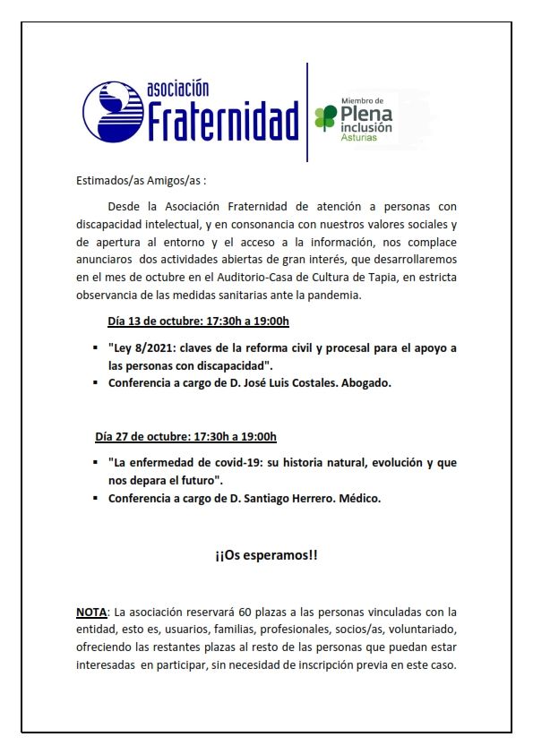 Conferencias organizadas por la Asociación Fraternidad