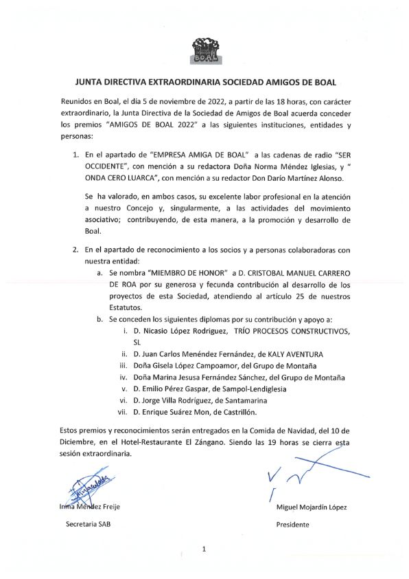 Entrega de Premios Sociedad de Amigos de Boal, comida de Navidad