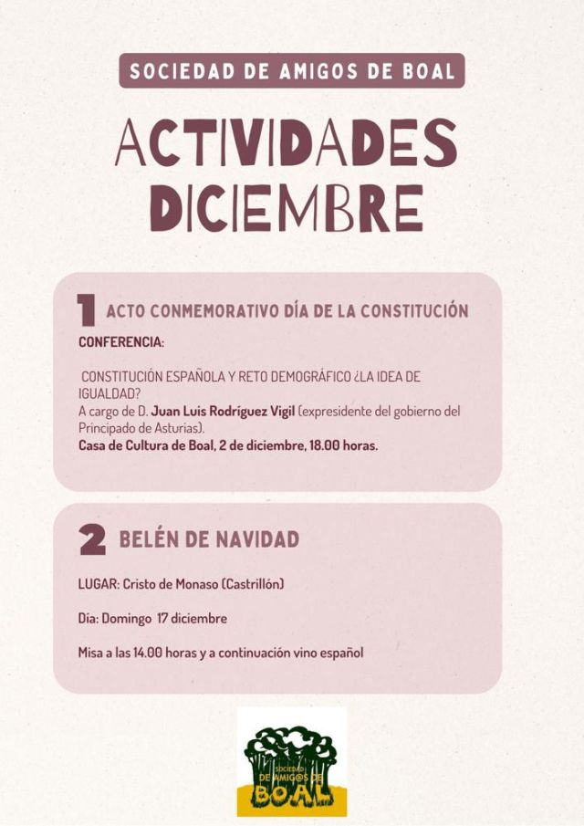 Actividades para diciembre de Sociedad Amigos de Boal: desde una conferencia, hasta la instalación del Belén.