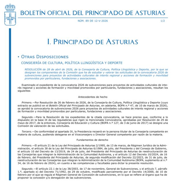 El Principado activa la convocatoria de subvenciones culturales de 2026