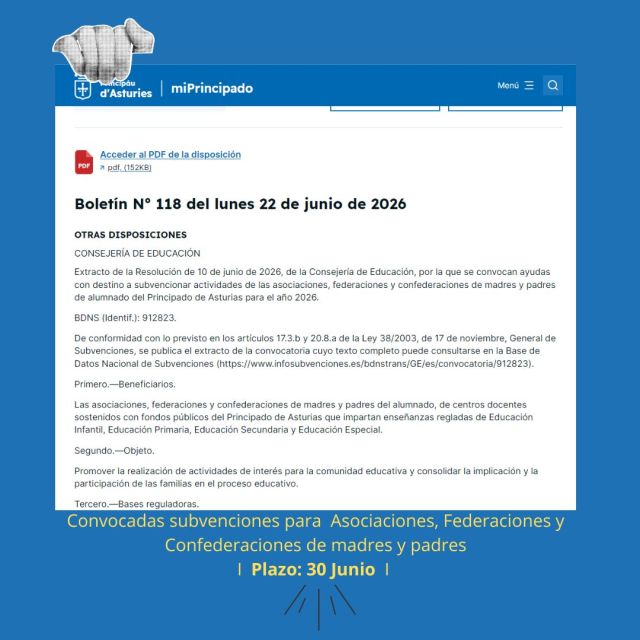 Convocatoria Subvenciones para Asociaciones, Federaciones y Confederaciones de Madres y Padres.