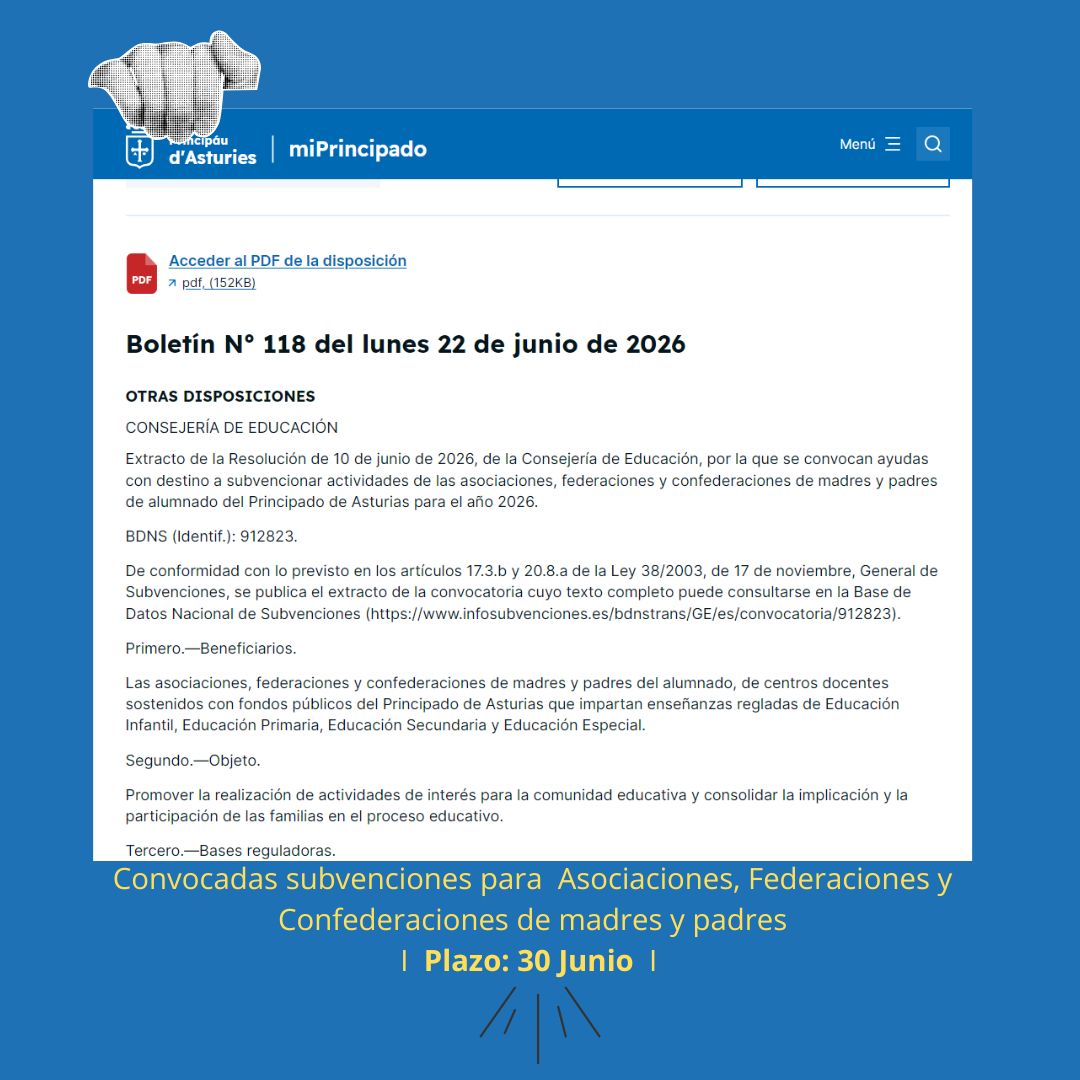 Convocatoria Subvenciones para Asociaciones, Federaciones y Confederaciones de Madres y Padres.